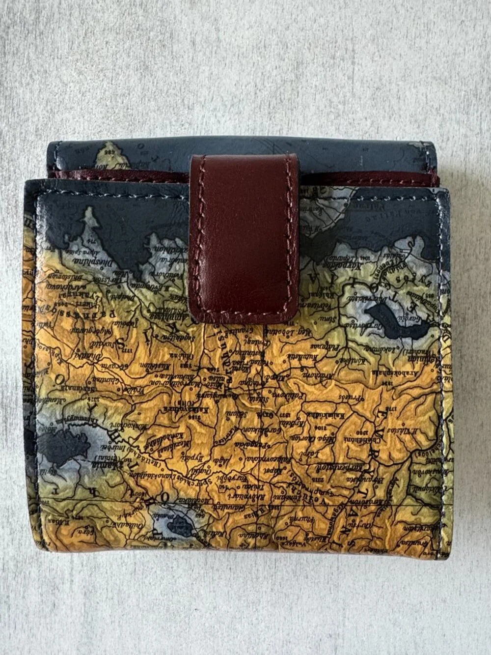 Patricia Nash Astra Greek Map Folding Artistic Leather RFID Wallet Blue Tan